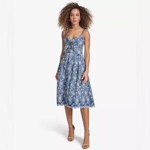 Kensie Blue and White Embroidered Knot Front Midi Sundress
